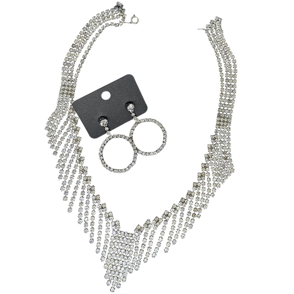 Estate Jewelry Silver Tone Clear Rhinestone Necklace and Earrings Bundle VTG